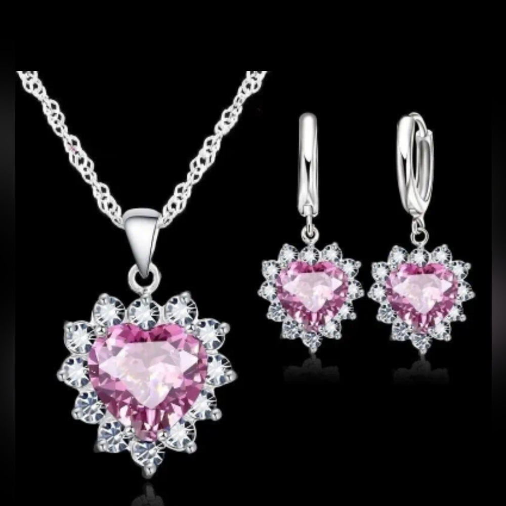 Pink Cubic Zirconia heart pendant necklace with earrings